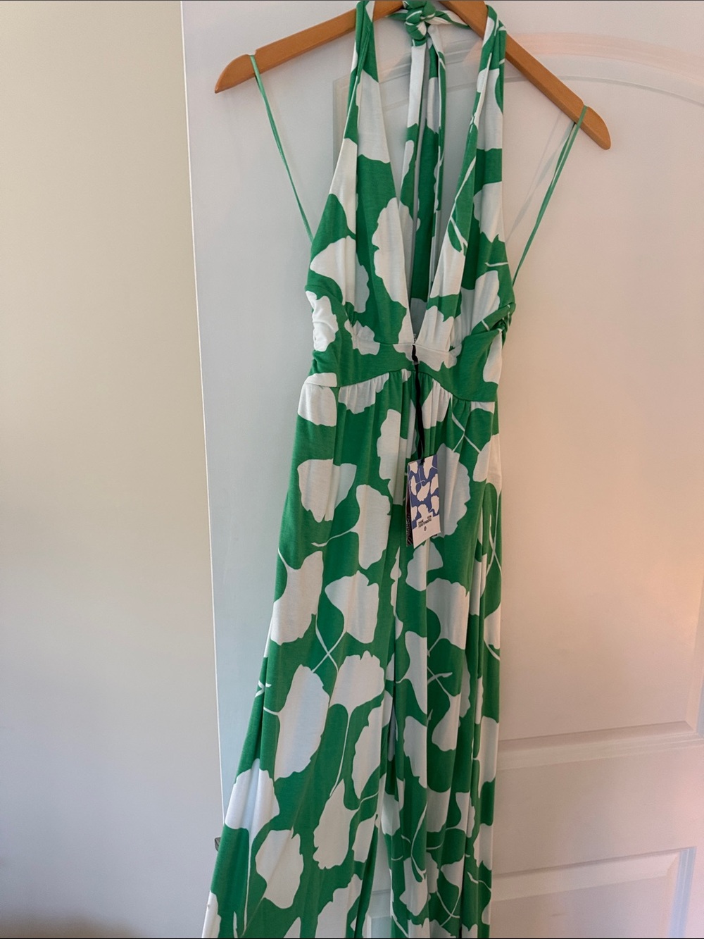 Diane Von Furstenberg Green and White Halter Jumpsuit